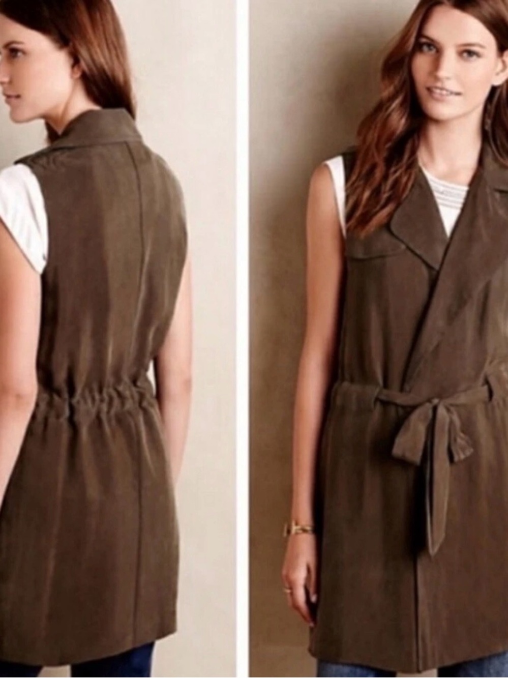 Anthropologie Elevenses Drape Wrap Trench Vest - Olive Medium